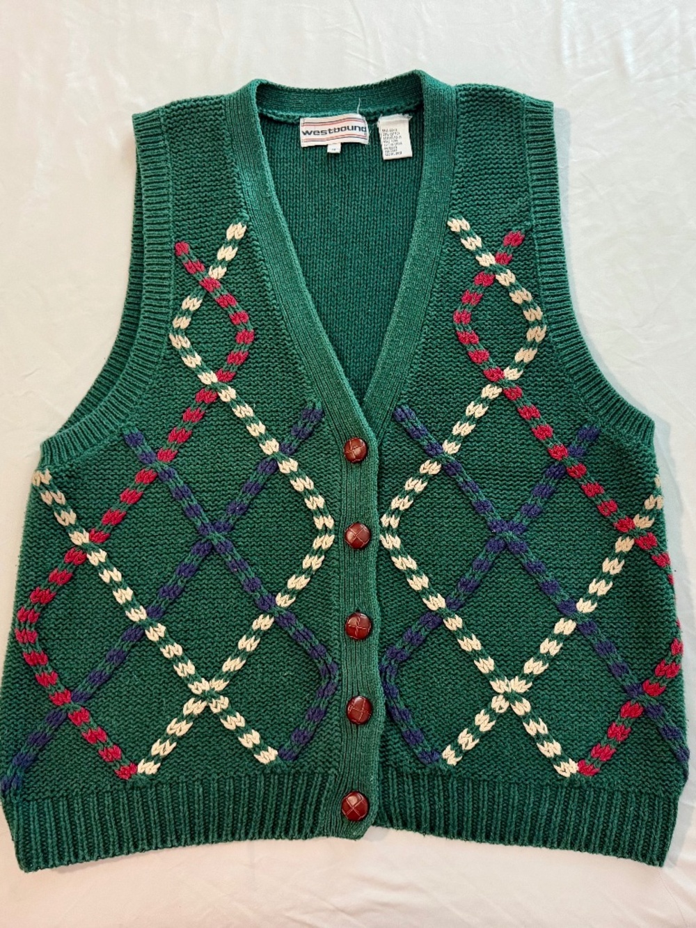 Cottagecore Vintage 80's/90's Westbound Cotton Argyle Knit Sweater Vest, Medium